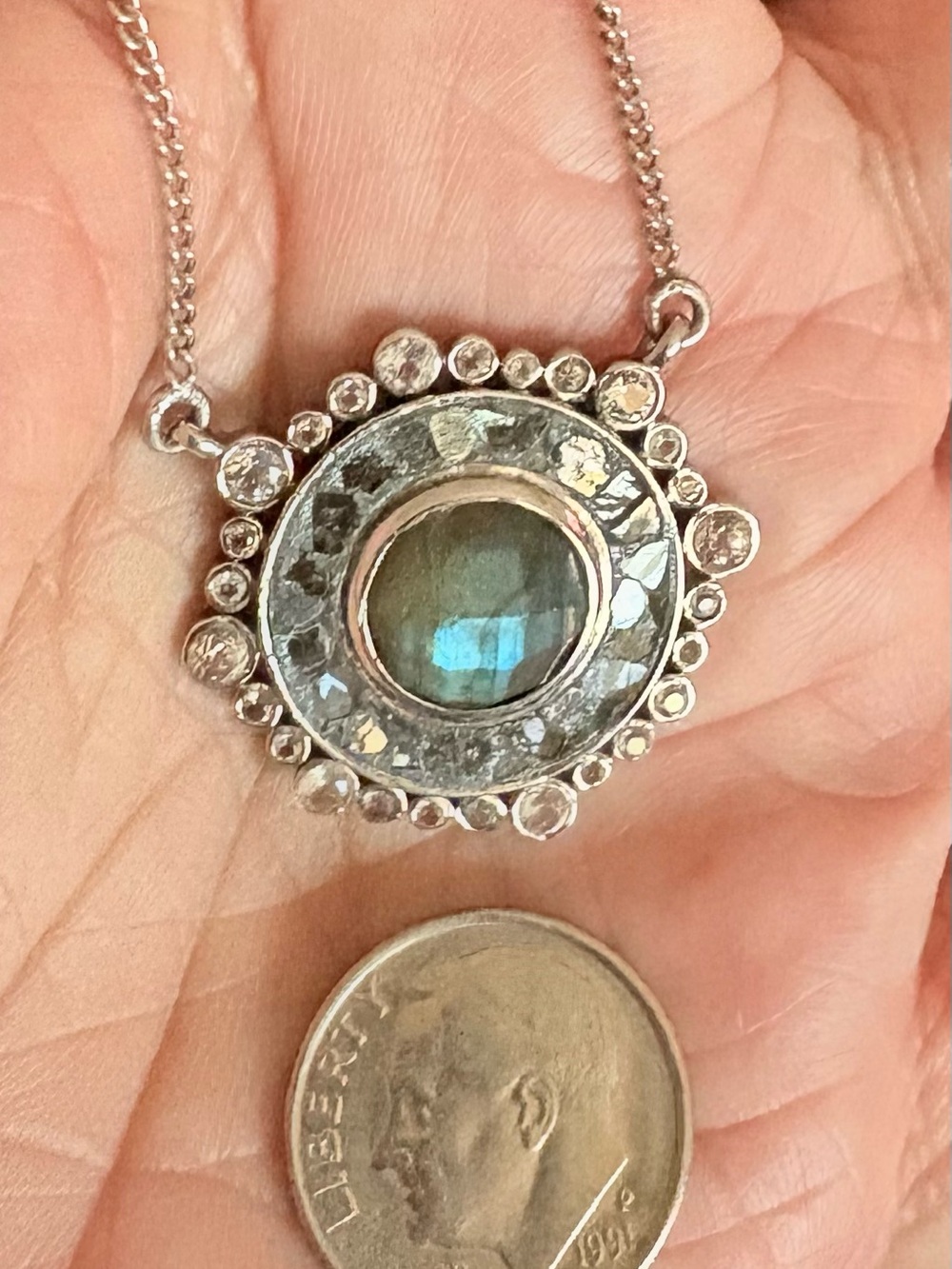 3 gemstone Sterling silver necklace ( Labradorite, diamonds & white topaz)